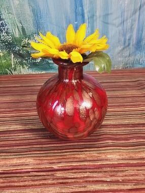 Vintage ELEMENTS Gold Flecking Ruby Red Blown Art Glass Bud Vase
